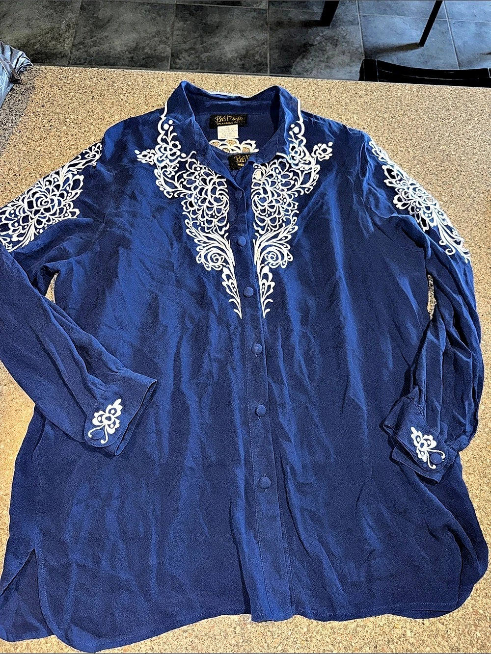 Bon Mackie Vintage Embroidered Silk Button Down Shirt